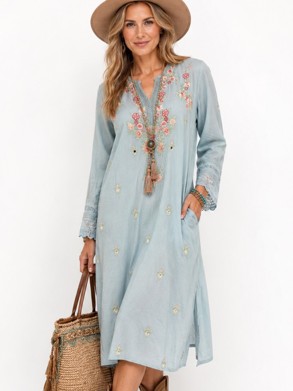 Agha Noor sky blue kurta intricate floral embroidery pink green boho Indio dress